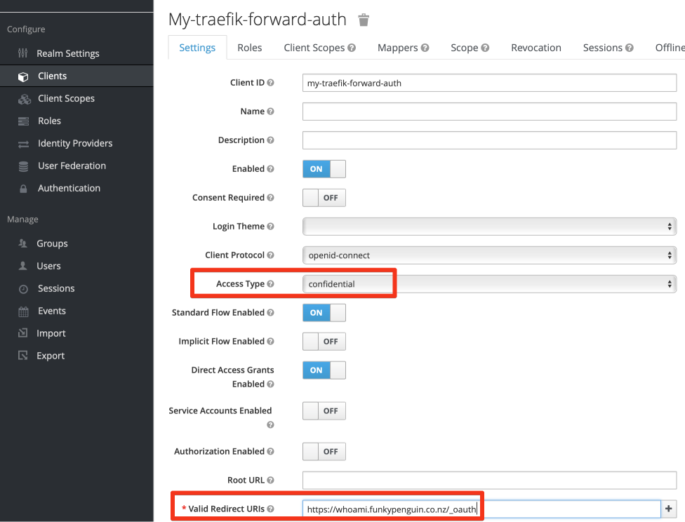 Set Keycloak client to confidential access type, add redirect URIs